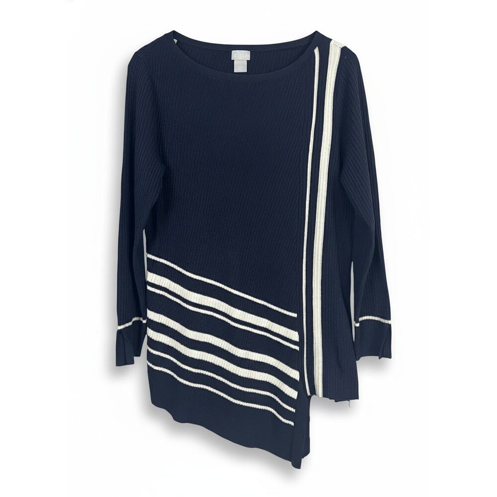 Chico's Women's M Nautical Coastal Preppy Artsy Asymmetrical Hem Tunic Sweater